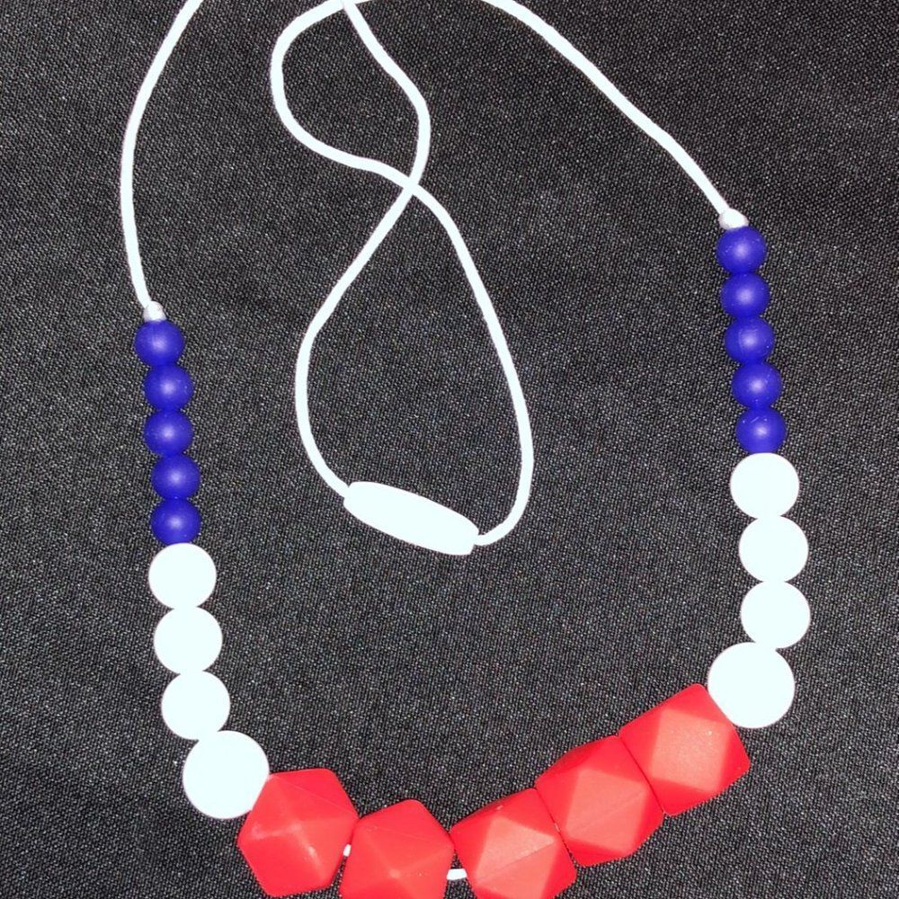 Red, White & Blue Silcone Teething Necklace   NK1529  Handmade NWT Boutique